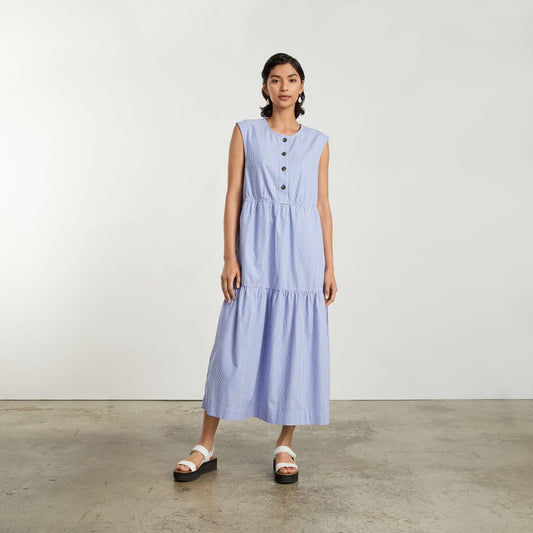 The Tiered Midi Dress | White / Blue Mini Stripe