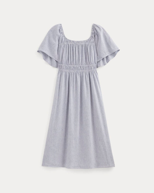 The Flutter-Sleeve Dress in Stretch Linen | White / Dutch Blue