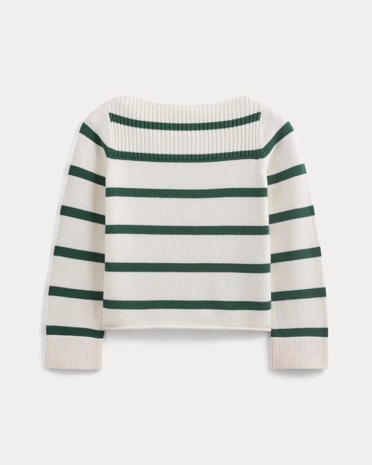 Striped Boatneck Sweater in Everyday Cotton | Hunter Green/Bone