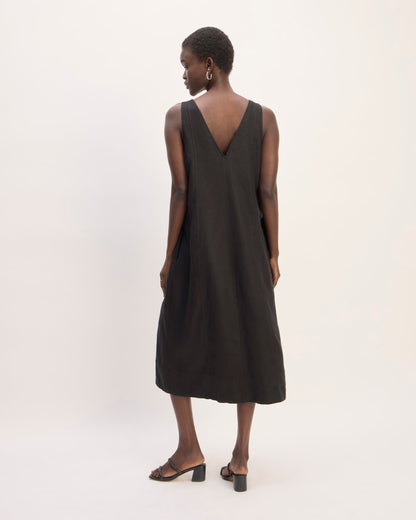The Linen V-Neck Midi Dress | Black
