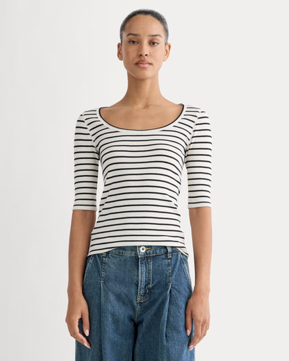 The Luxe Rib Scoop-Neck Tee | Bone / Black