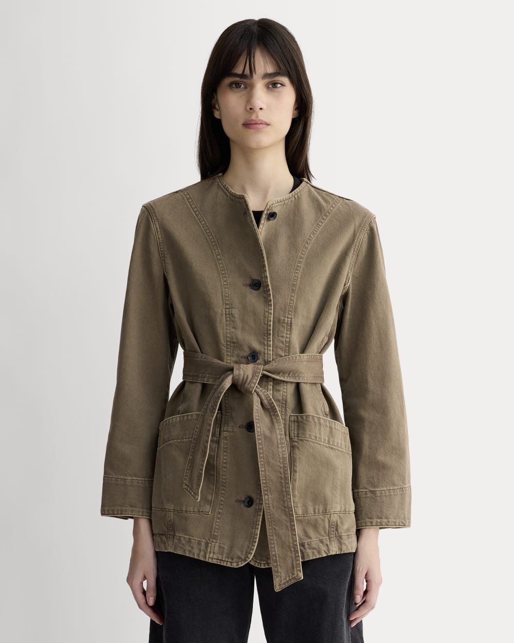 The Long Denim Barrel Jacket | Garment-Dyed Chocolate