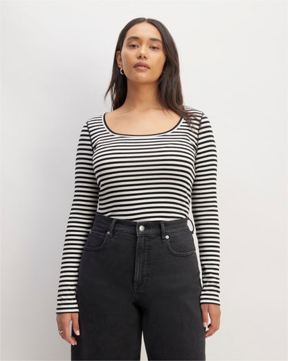The Luxe Rib Long-Sleeve Scoop-Neck Tee | Bone / Black