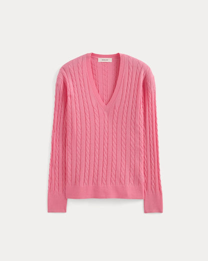 The Cable V-Neck in Cotton Cashmere | Deep Pink
