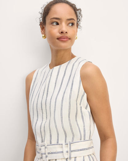 The Linen Belted Midi Dress | Bone/Navy