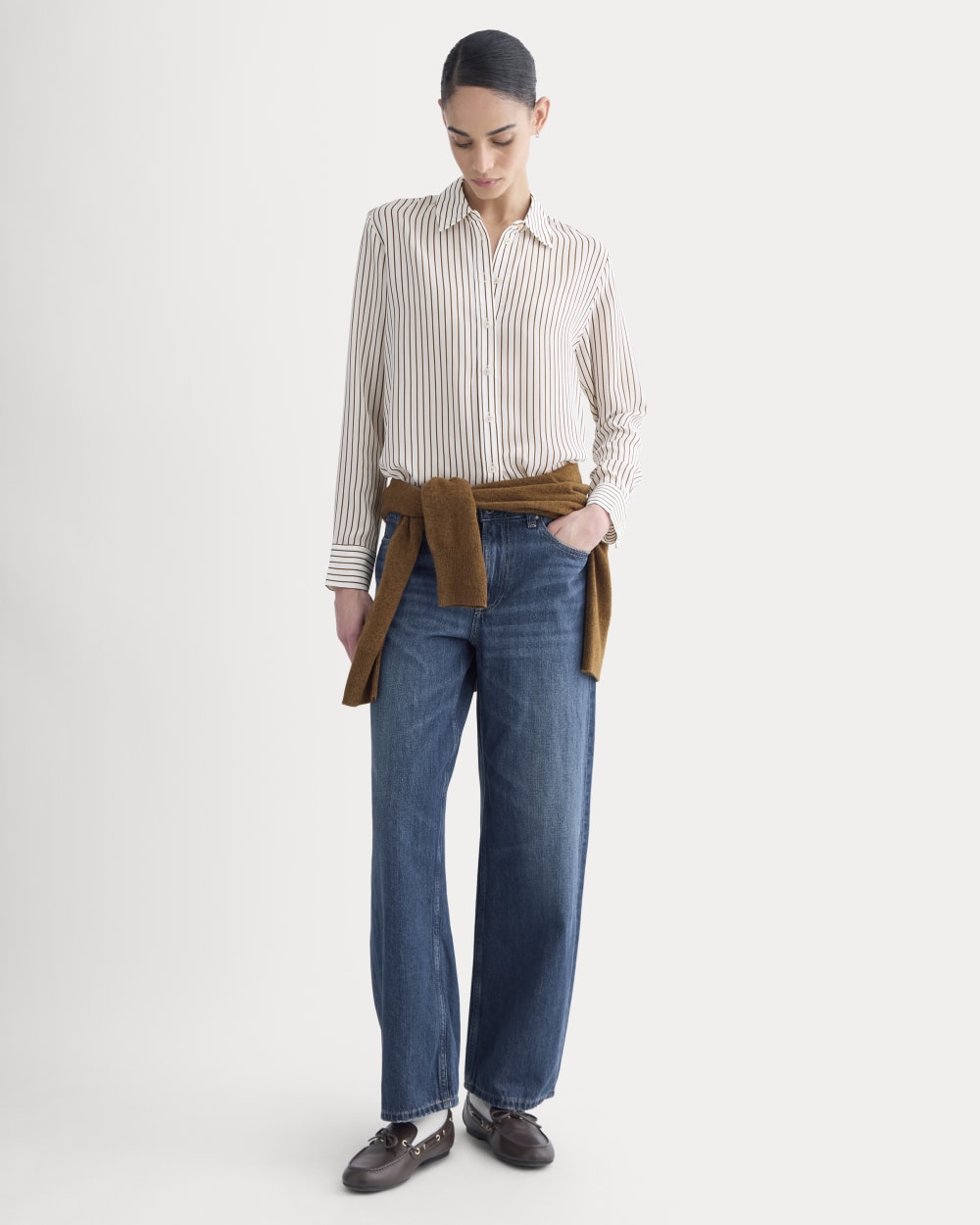 The Must-Have Shirt in Washable Silk | Bone / Toffee Stripe