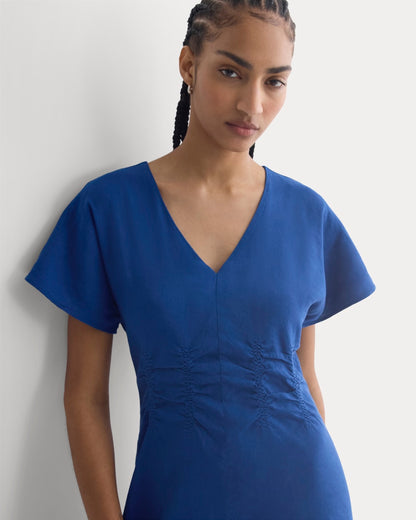 Cinched Dress in Stretch Linen | Estate Blue