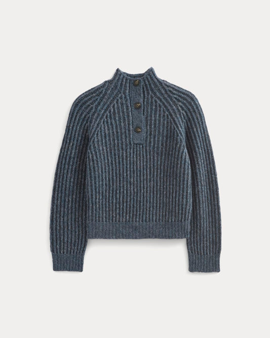 Funnel-Neck Ribbed Henley Sweater | Indigo
