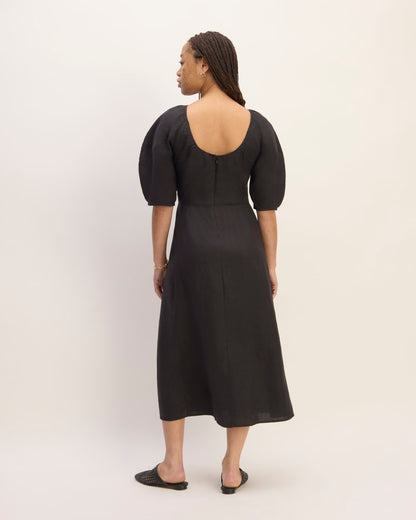 The Linen Short-Sleeve Scoop Midi Dress | Black