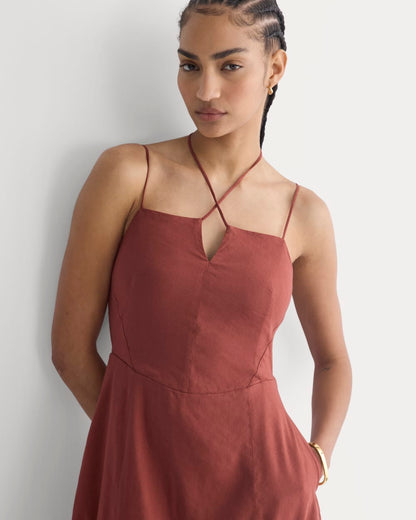 Tie-Neck Dress in Stretch Linen | Henna Red