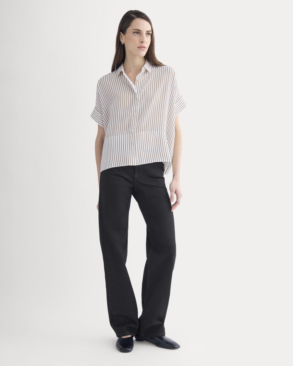 The Boxy Shirt in Washable Silk | Bone / Toffee Stripe