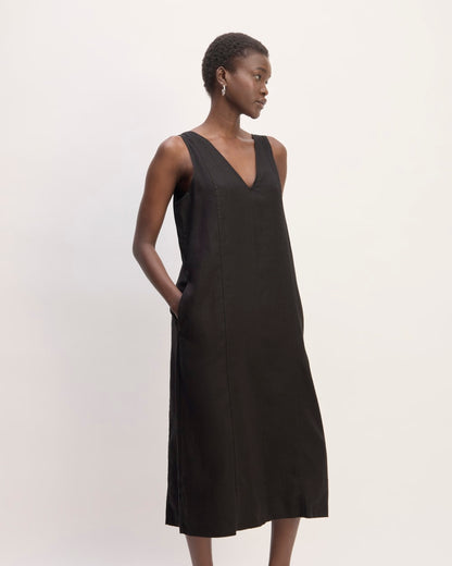 The Linen V-Neck Midi Dress | Black