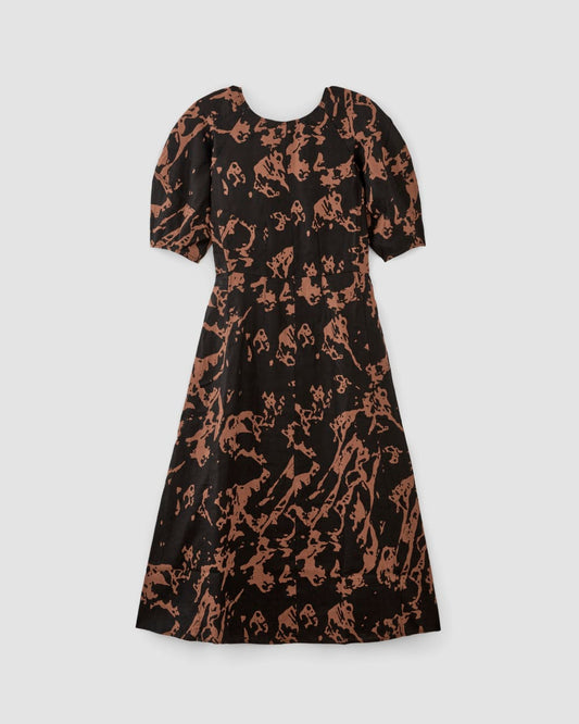 The Linen Short-Sleeve Scoop Midi Dress | Carob Brown Abstract