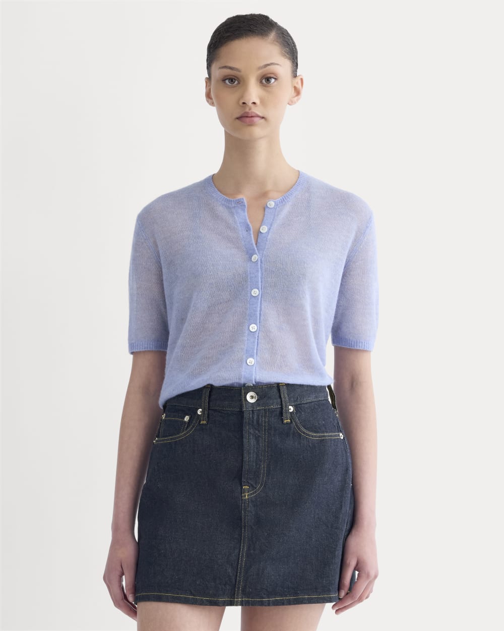 The Air Alpaca™ Short-Sleeve Cardigan | Soft Blue