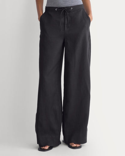 Wide-Leg Drawstring Pant in Linen | Black