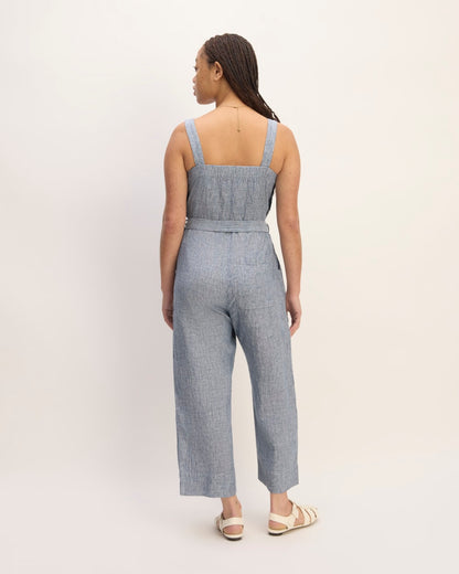 The Linen Side-Button Jumpsuit | White / Blue