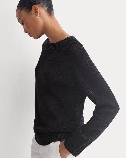 Wide-Neck Crew Sweater in Tape Yarn | Black