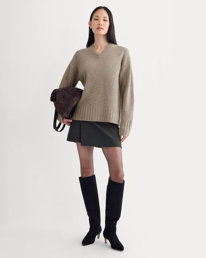 V-Neck Sweater in Extrafine Luxe Merino | Heather Soft Taupe