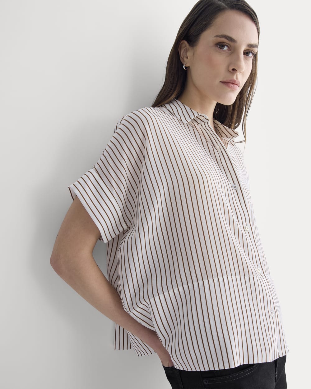 The Boxy Shirt in Washable Silk | Bone / Toffee Stripe