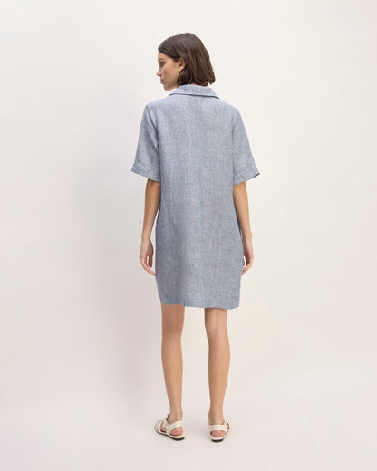 The Shirtdress in Linen | White / Blue